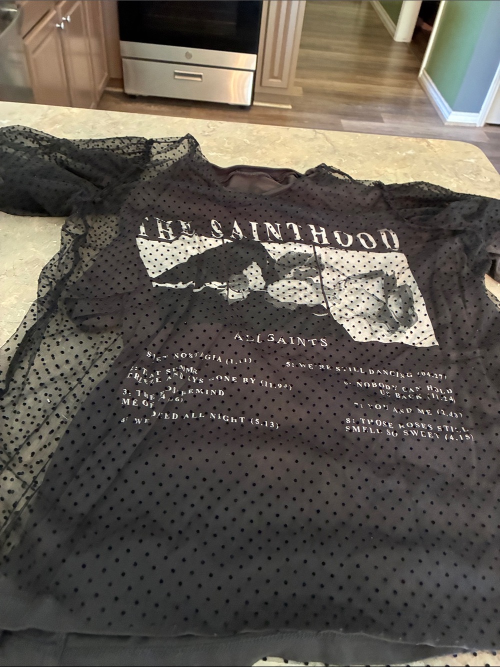 All Saints Black Sheer Polka Dot Graphic Short Sleeve Tee